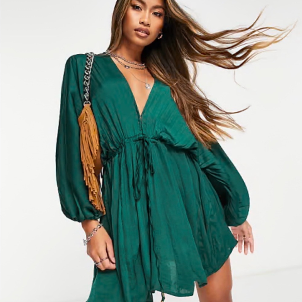 Free People Azrel Emerald Green V-Neck Drawstring Mini Dress